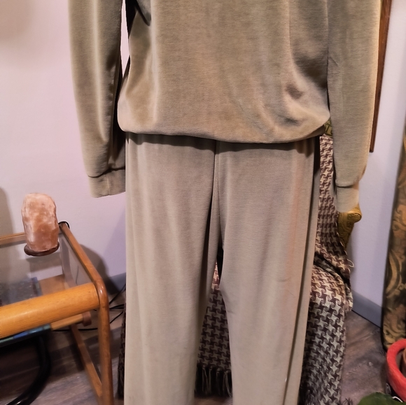 Vtg Gertrude Davenport Olive Green Velour Track Suit Set V Neck Top and Pants - Picture 10 of 14